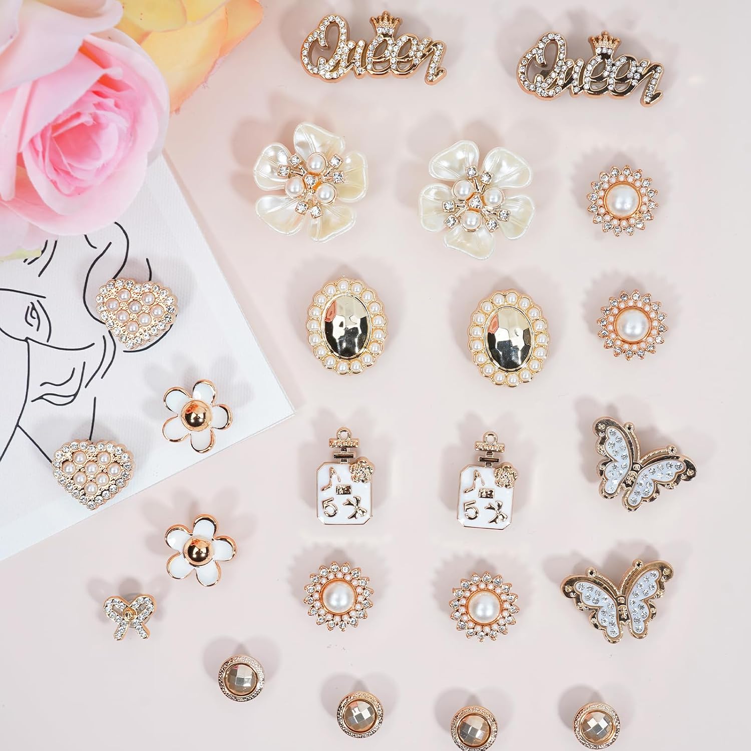 Bling Shoe Charms for Girls and Women, Girly Gold Shoe Charms for Clog Sandals, 24 PCS Glitter Pearl Flower Shoes Decoration Bulk, Shoes Chains Pins Charm Accessories