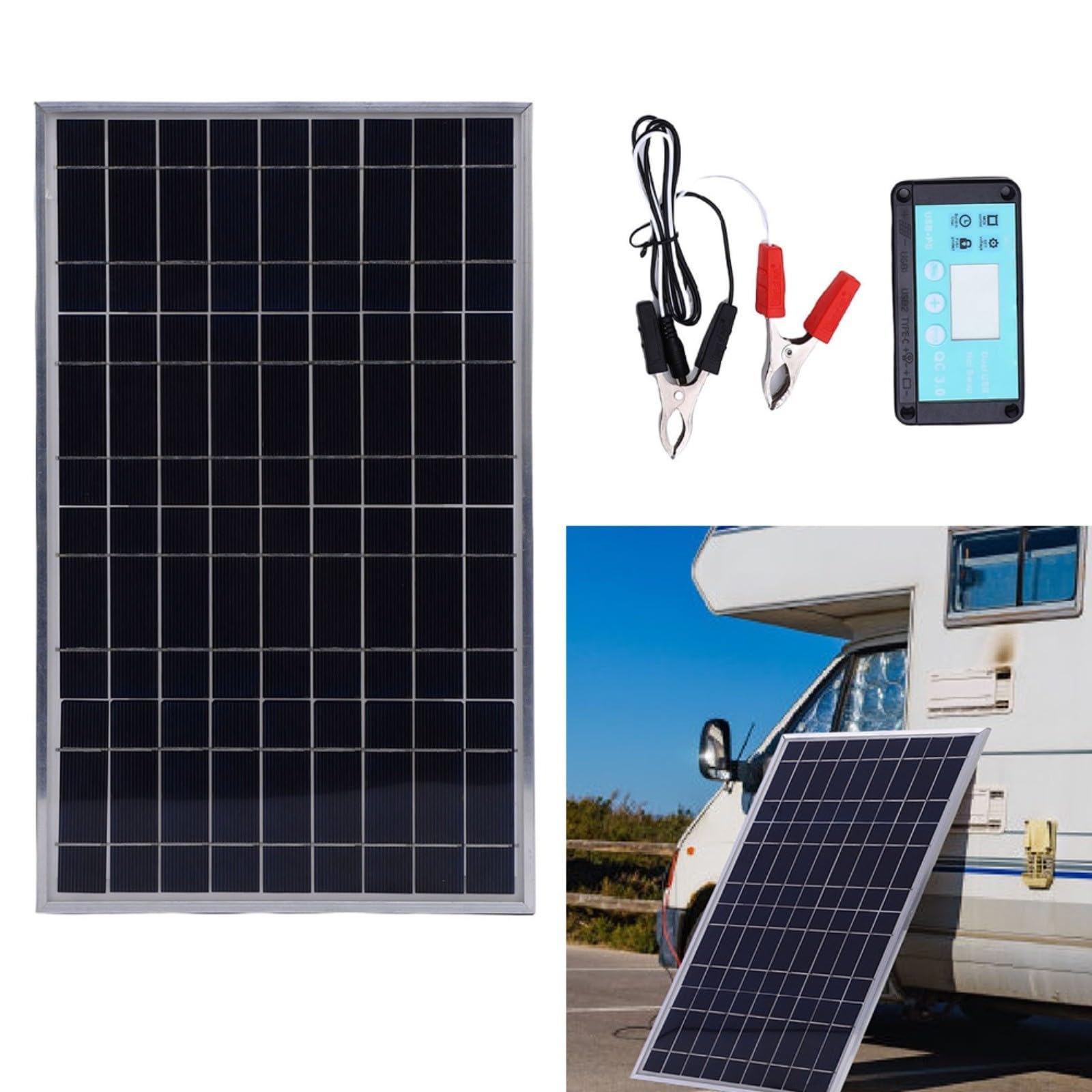 Pannello solare 100 W con regolatore di carica, fotovoltaico resistente alle intemperie con telaio in alluminio, 12 V, 24 V, impianto solare per camper ed esterni