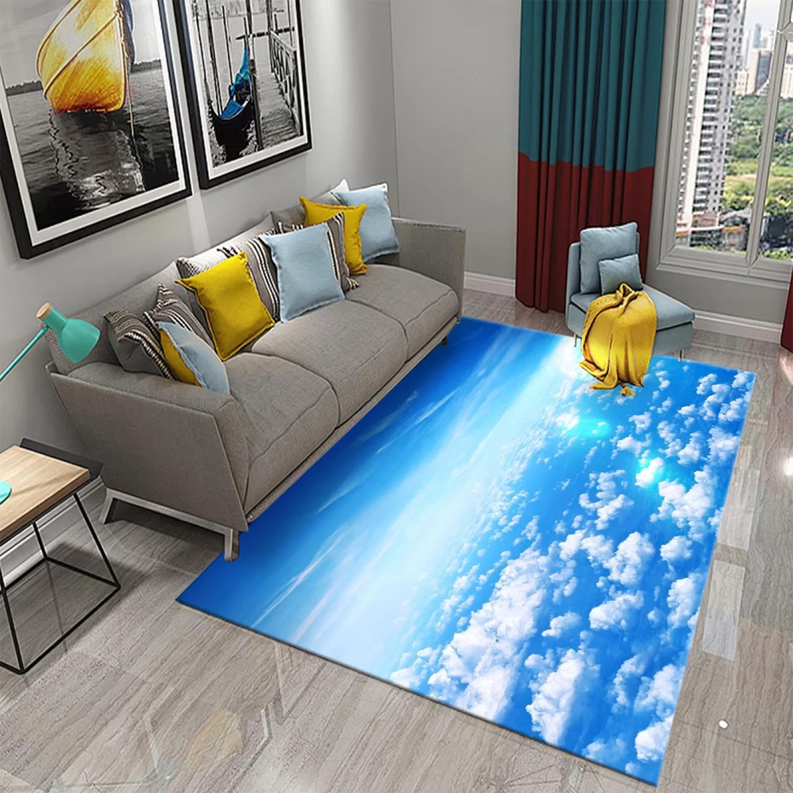 Teppich Flur 180x240cm Wolkenteppich Blauer Himmel weiße Wolken Teppiche Fußmatte Rutschfester Bodenteppich Badezimmer-/Küchenteppich Wohnzimmer-Dekorationsteppich