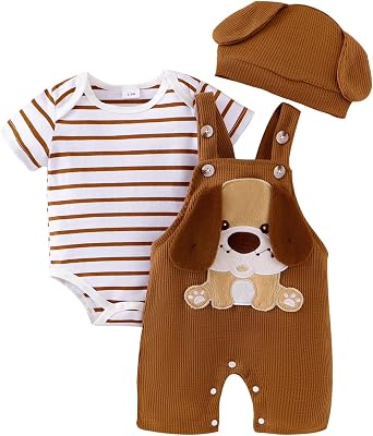 FOCUTEBB Baby Boy Clothes Short Sleeved Cute Cartoon Romper + Shorts + Hat Overalls Suspender for Boys 3 Pcs 0-18 Months