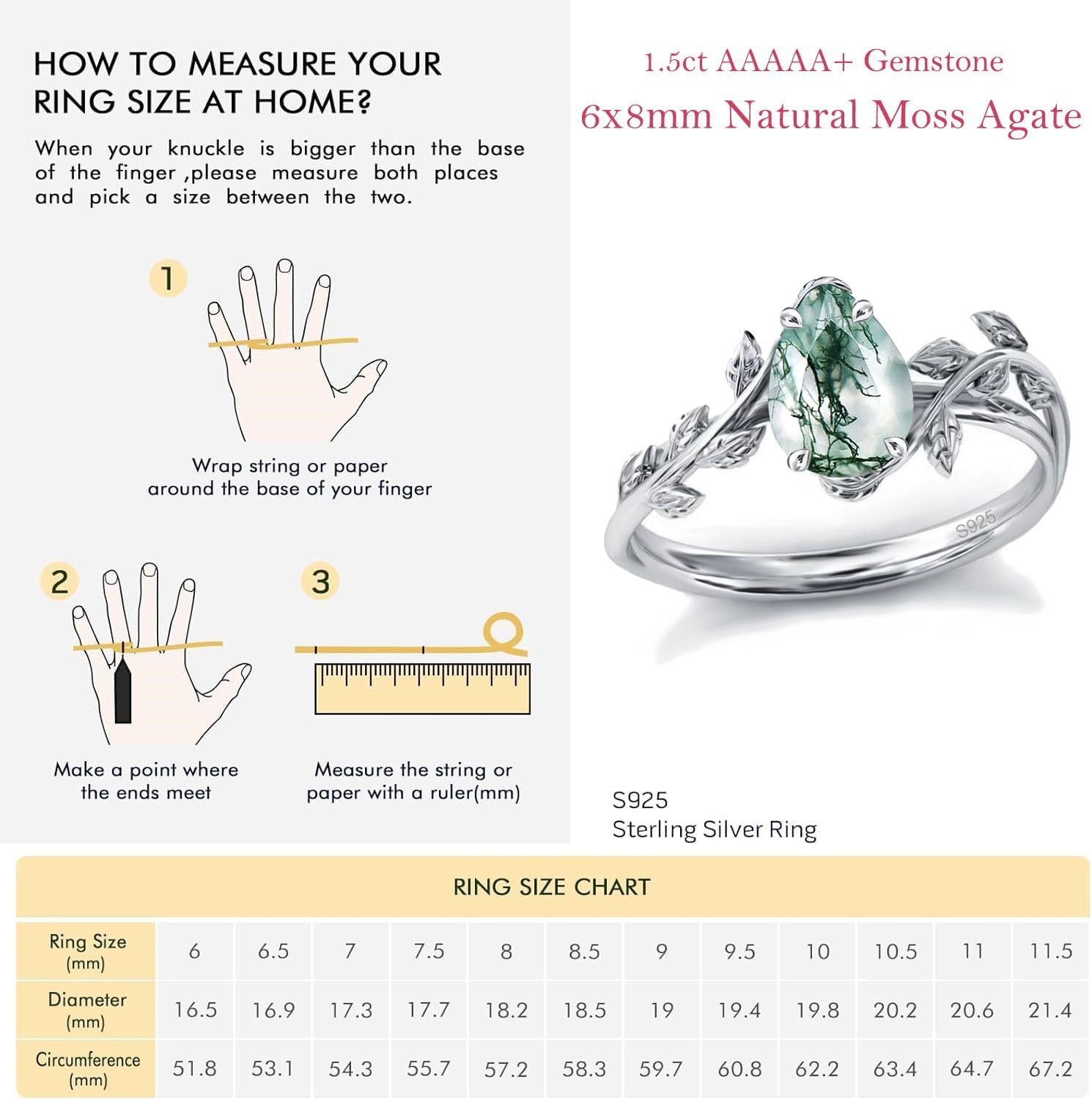 Wasee Natural Moss Agate Ring 925 Sterling Silver Opal Birthstone Ring 925 Sterling Silver Leaf Promise Ring for Her Birthday Anniversary Jewelry for Women - Image 5