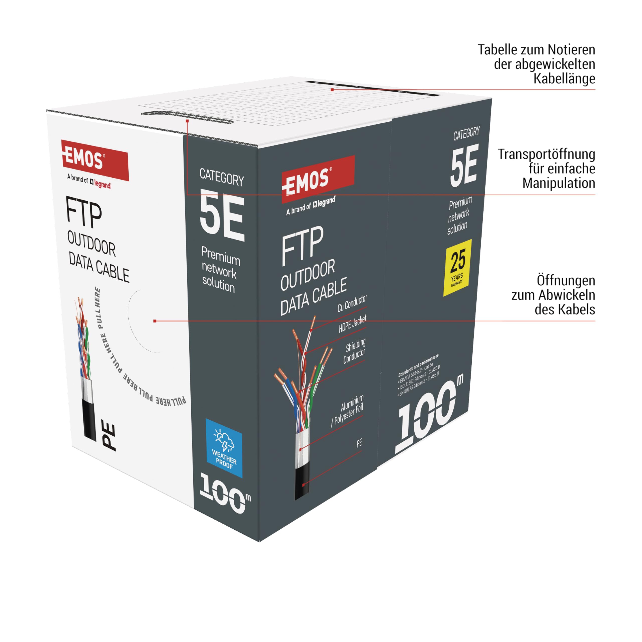 EMOS - Câble réseau FTP CAT 5e, 100 m, PE - Câble patch CAT5e FTP - Câble Gigabit LAN - Câble Ethernet blindé - Pour l'extérieur