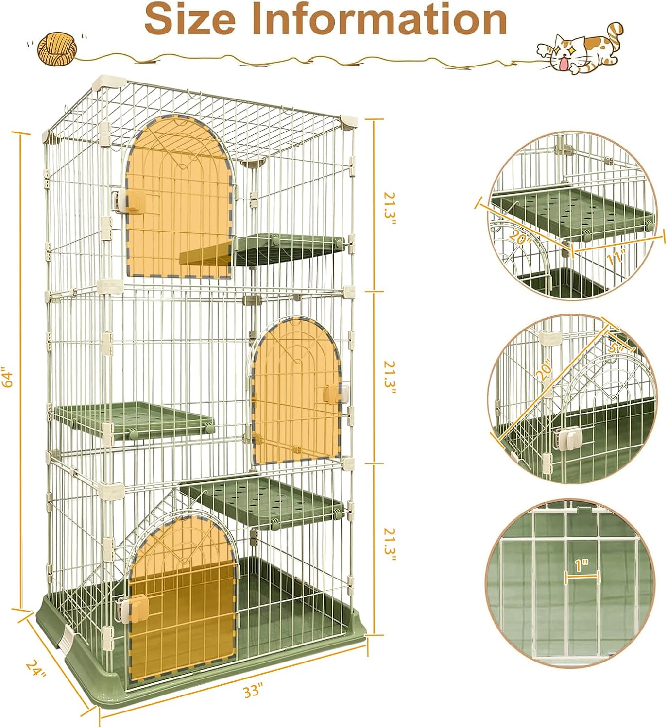 Large 3-Tier Cat Cage Indoor, DIY Catio & Outdoor Cat Enclosure Playpen, Sturdy Multi-Level Cat Crate Kennel with Escape-Proof Spacing for Kittens & Small Animals (Green, Three-Tier64)