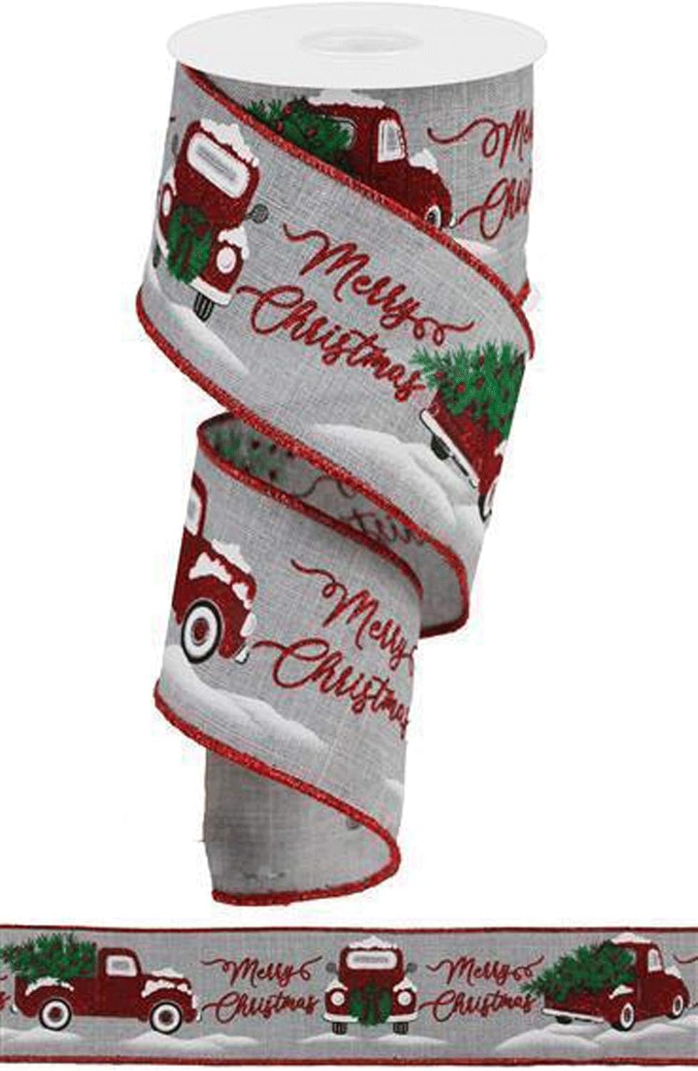 Merry Christmas Truck ワイヤーエッジリボン 10ヤード (ライトグレー、2.5インチ)