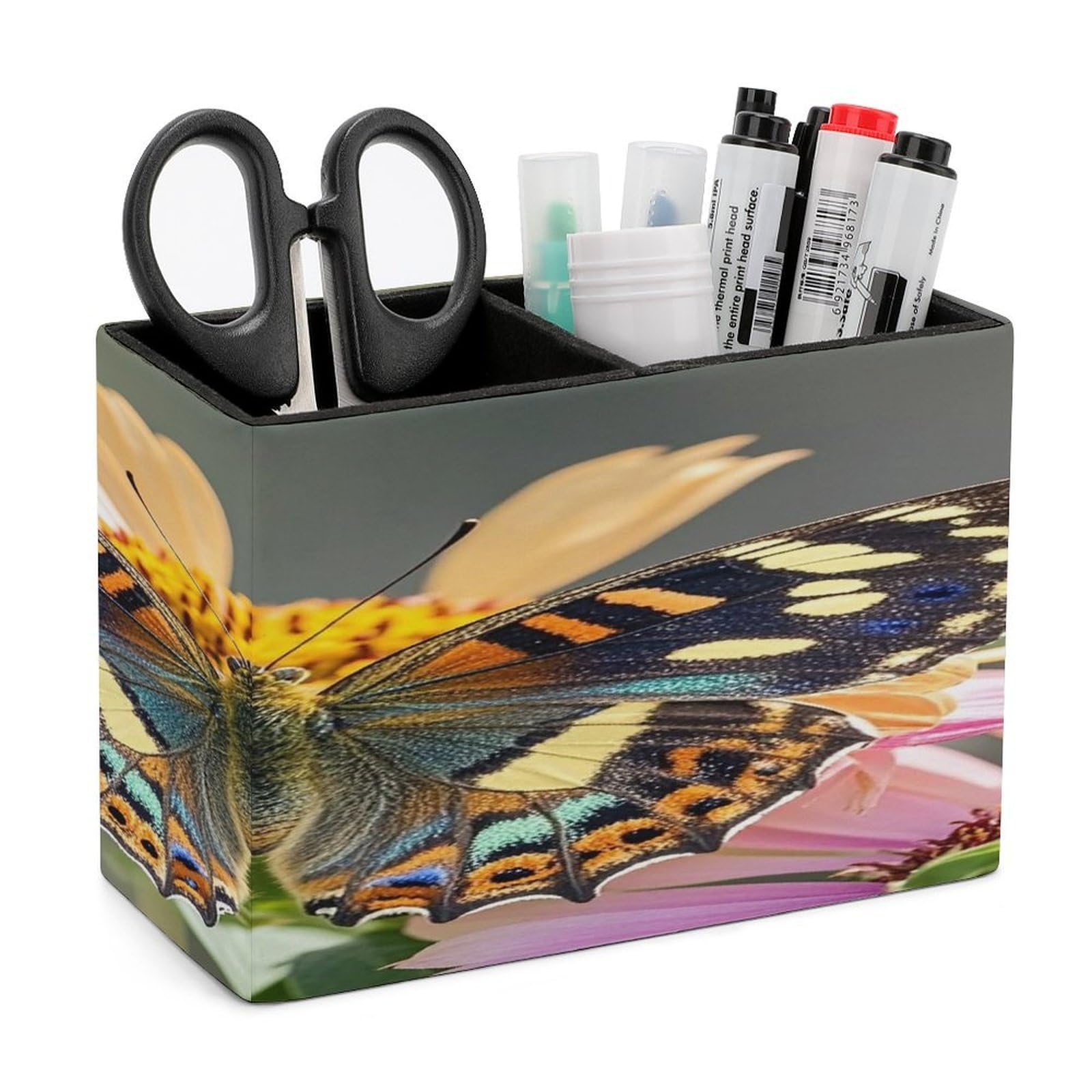LZQPOEAS Butterfly Leather Pen Holder with 2 Compartments Luxury Pencil Holder Minimalist Pencil Cup Brush Scissor Holders Elegant Pen Cup for Office Home Desk Accessories