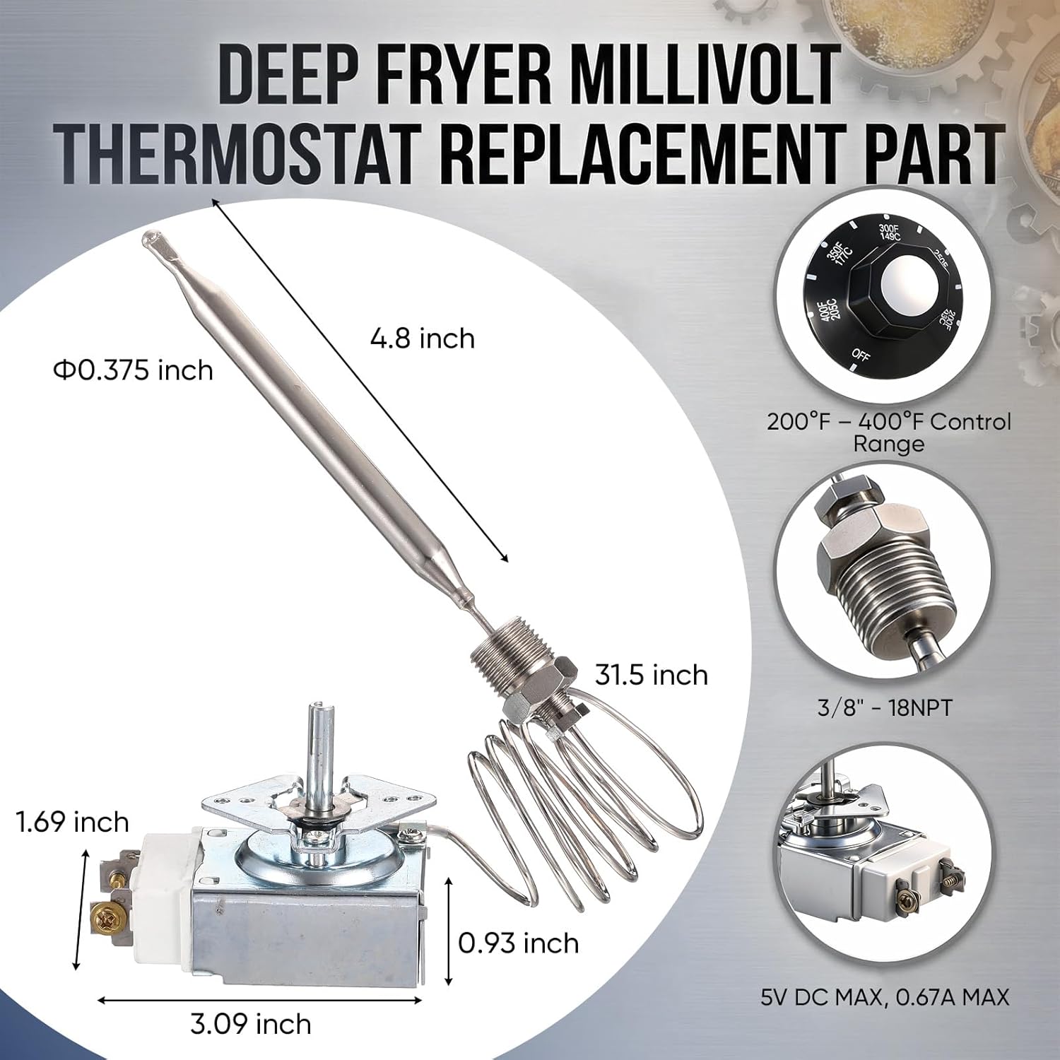 Konohan Rx‑2‑24 Deep Fryer Thermostat Set with Control Knob 3/8" Mpt Stuff Box for Commercial Fryer Parts Compatible with Atosa 301030004 Robertshaw 5300-402 Rx Series Millivolt Thermostat 200-400f