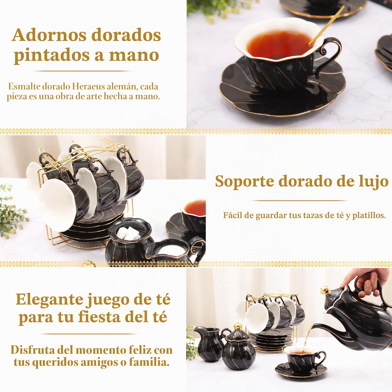 DUJUST Juego de té de porcelana de 22 piezas para 6, juego de tazas de té y café de estilo británico de lujo con borde dorado, hermoso juego de té para mujeres, juego de fiesta de té, paquete de