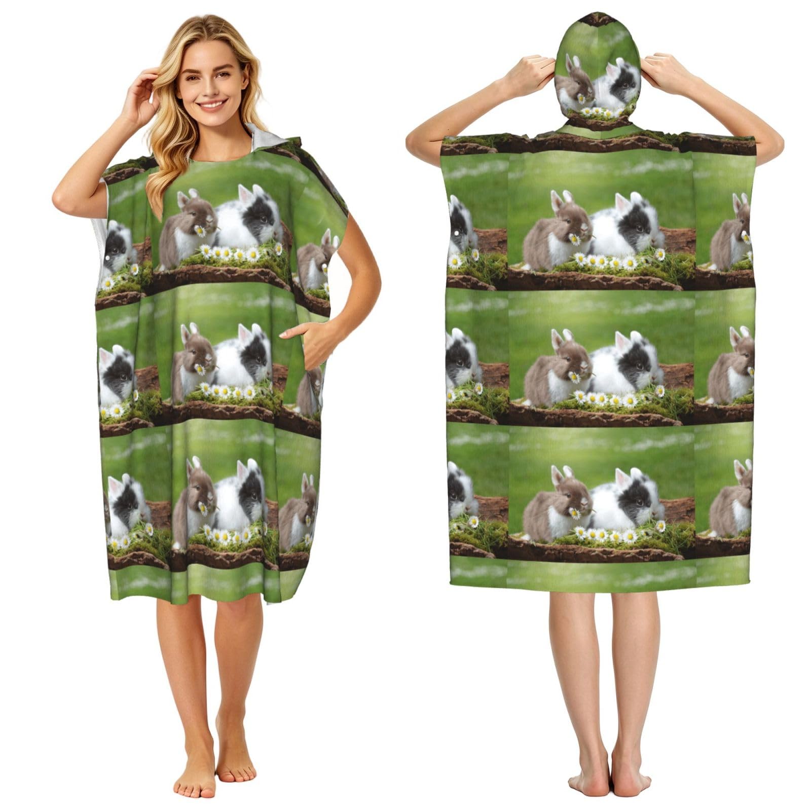 Poadnly Two Little Cute Rabbits, Adult Hooded Beach Towel 90 x 110 cm,Changing Bath Robe, Surf Poncho Towel For Women Men