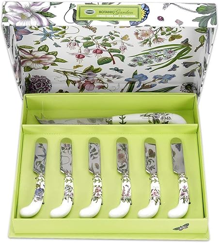 Portmeirion Botanic Garden - Cuchillo y esparcidores de queso (juego de 7 piezas) – Varios motivos florales, acero inoxidable con asas de porcelana,