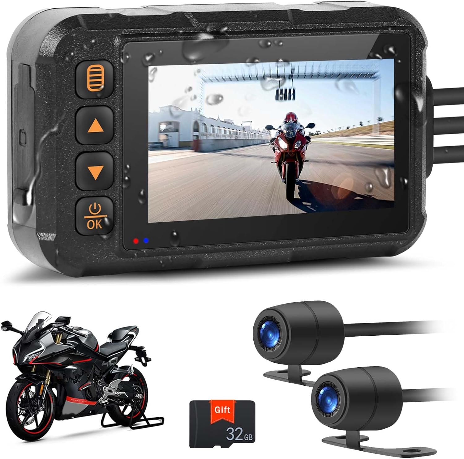 Motorcycle Dash Cam Dual HD Camera Front and Rear View,3" IPS Screen 720P IP67 Waterproof 150° Wide Angle Sportbike Recording DVR with G-Sensor,Loop Recording,Night Vision,Parking Monitor+32G SD