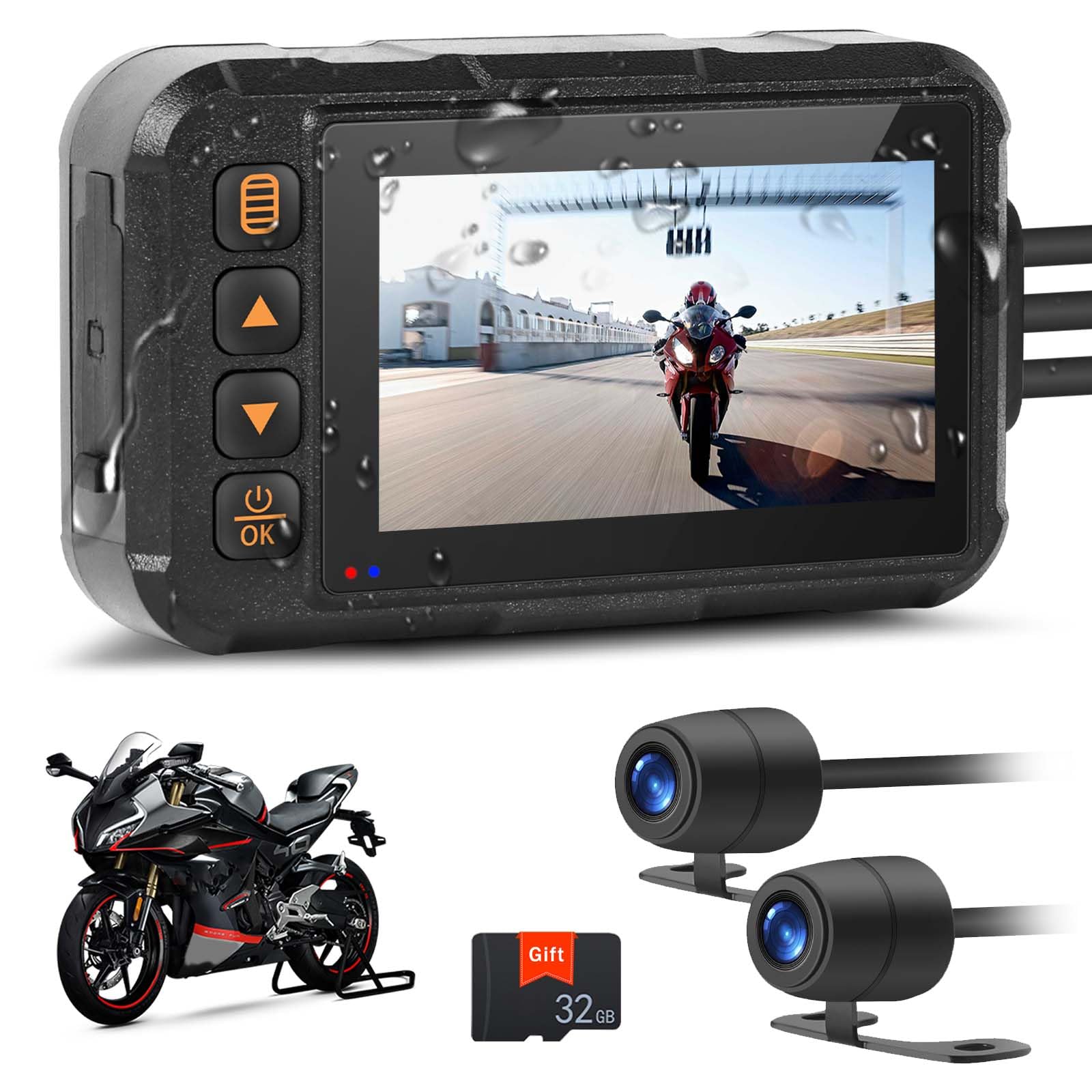 Motorcycle Dash Cam Dual HD Camera Front and Rear View,3" IPS Screen 720P IP67 Waterproof 150° Wide Angle Sportbike Recording DVR with G-Sensor,Loop
