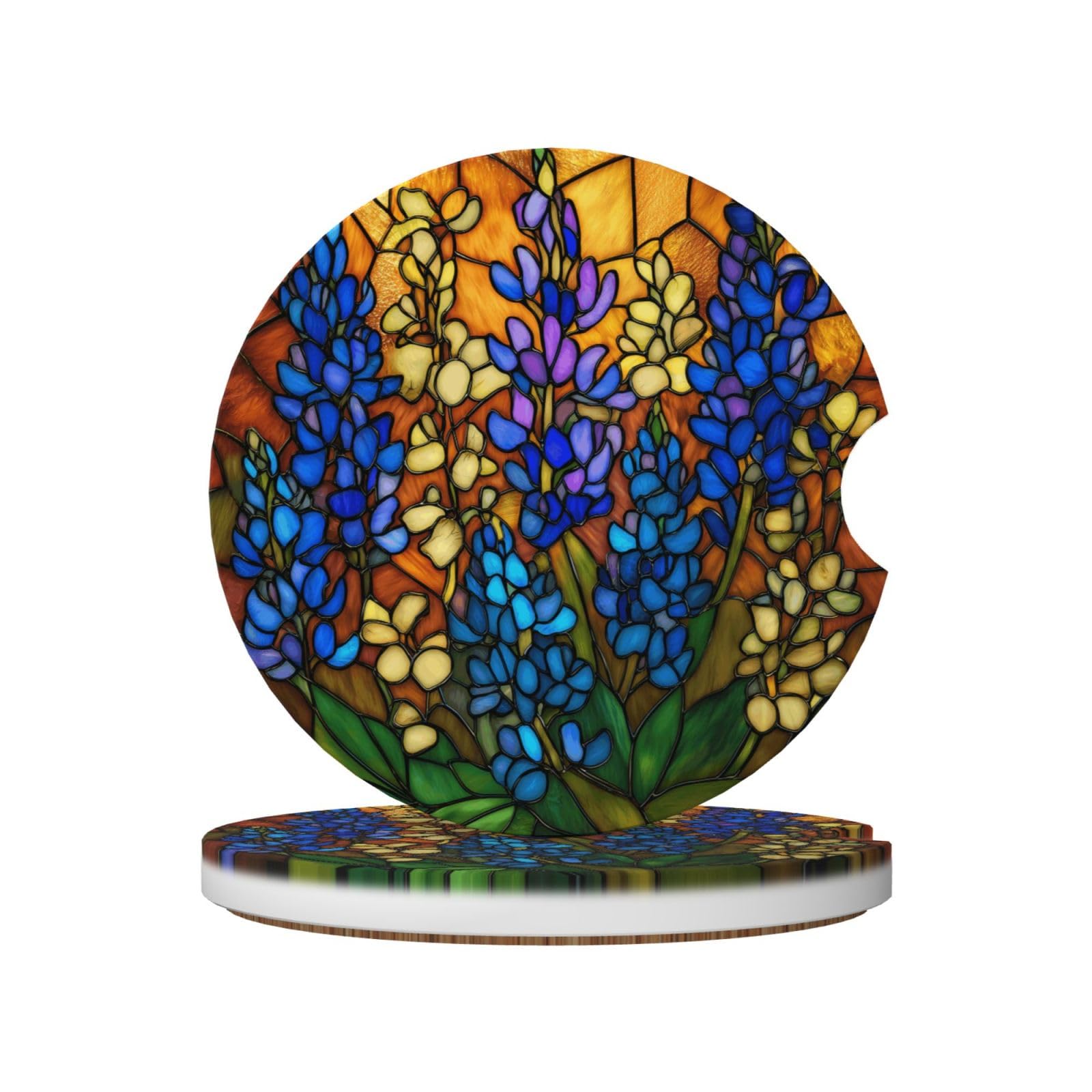 Cluster of Larkspur Flowers Stained Glass Ceramic Coasters,2pcs