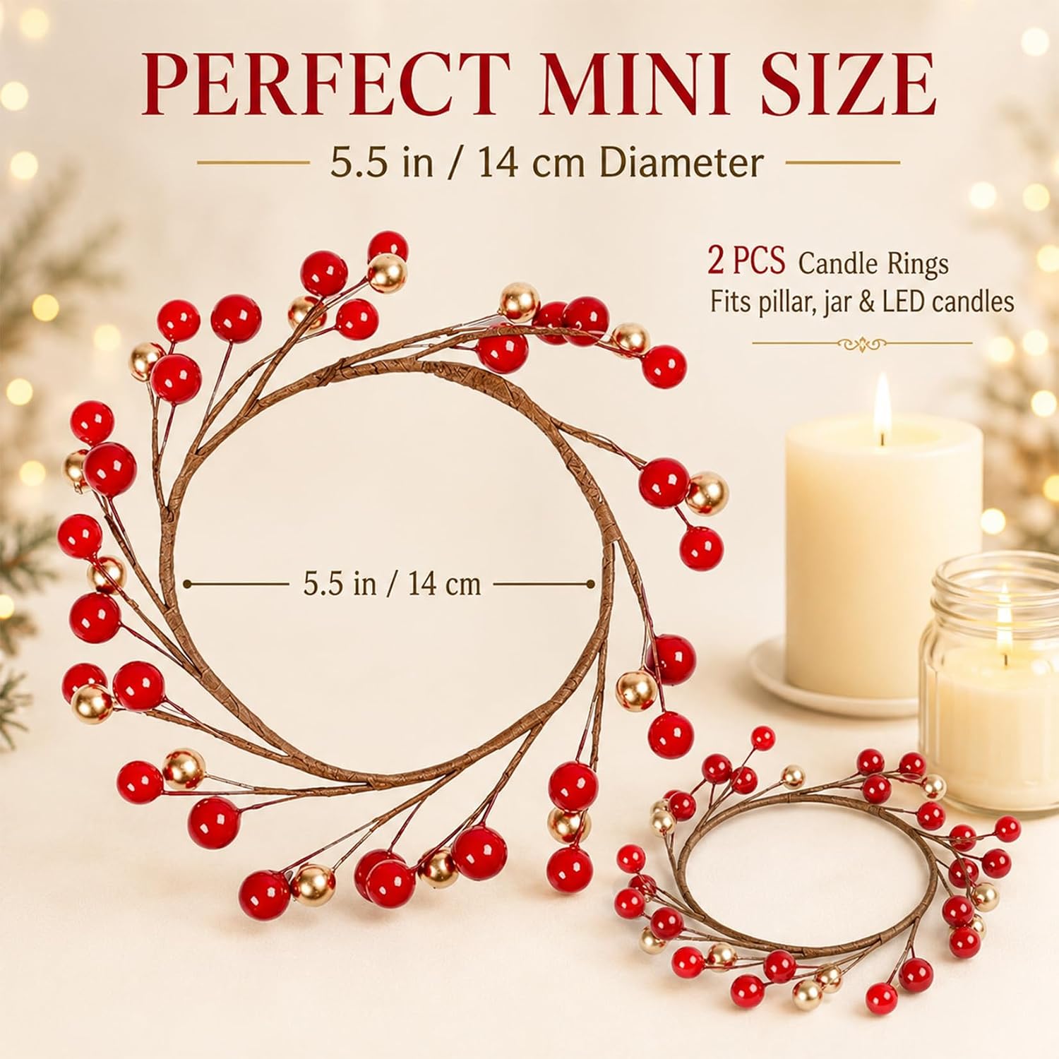 RAINFLOW Christmas Candle Rings Wreaths, 2PCS Mini Berry Candle Wreaths