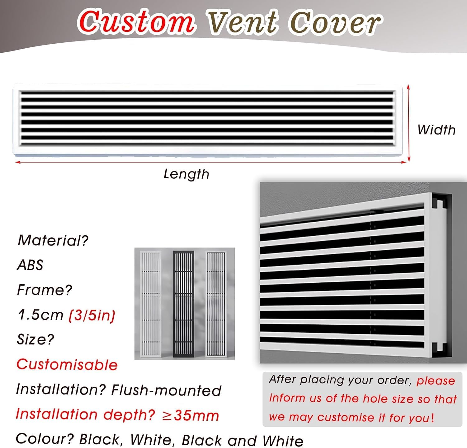 Griglia d'aria lineare bianca, in ABS, stretta, 100 x 15 cm / 40x6in, per montaggio a parete/soffitto, registro HVAC personalizzato per aria condizionata centralizzata (120 x 13 cm / 48x5.2in)