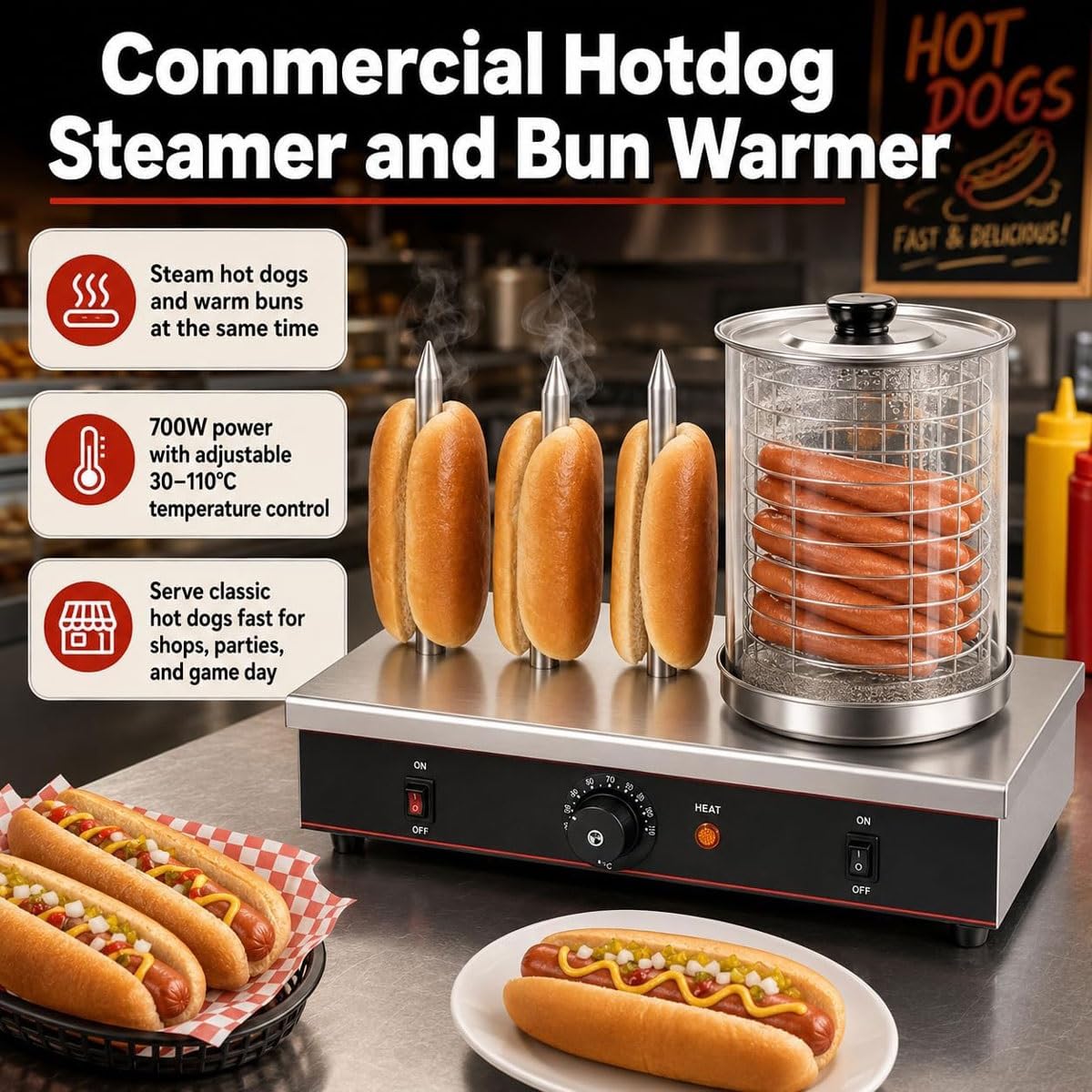 Máquina calentadora de panecillos y perritos calientes comercial 2 en 1 | Vaporera for perritos calientes de 700w/800w, acero inoxidable, Control de temperatura,hogar(3 Sticks)