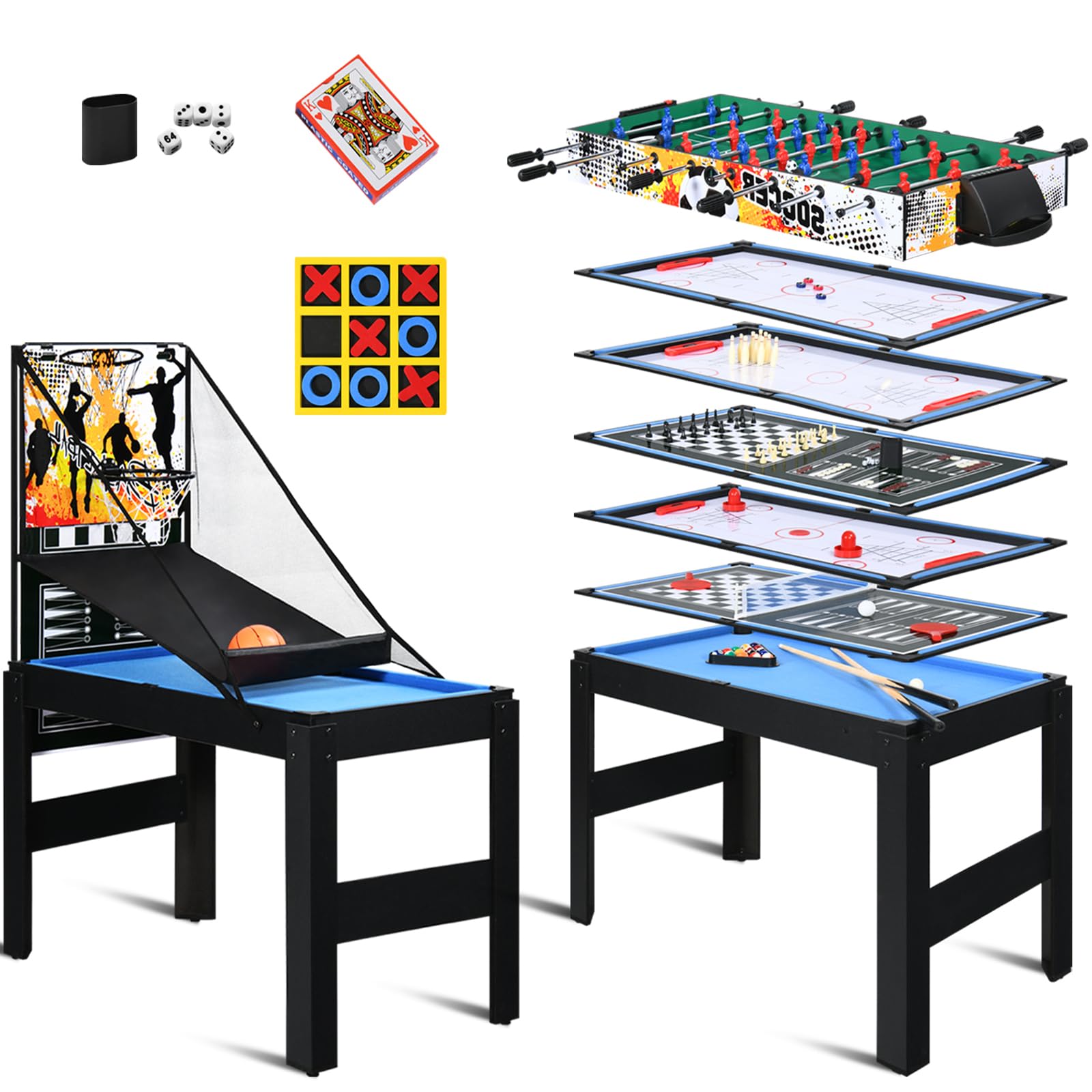 Multi Game Table, Combo Game Table, Combination Game Table Set for Home, Game Room w/Foosball, Hockey, Pool Table, Ping Pong, Basketball, Chess, Bowling, Shuffleboard (15 in 1)
