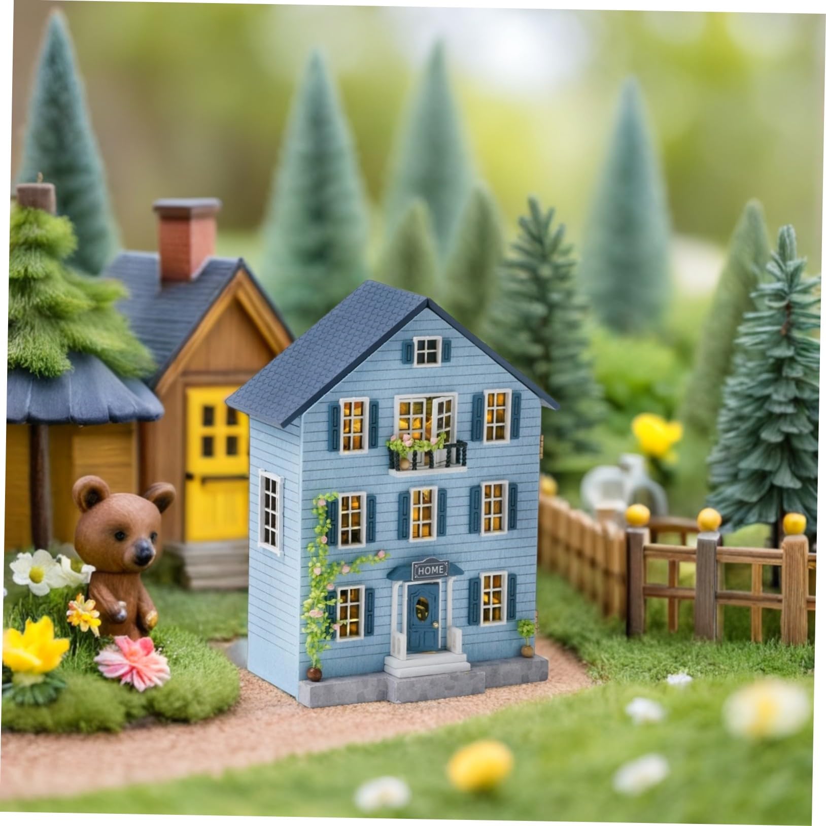 Hemobllo Drewniany Zestaw Miniaturek Domku z Meblami i Akcesoriami DIY Solidny Model Świąteczną Dekorację Wioski Kreatywny Prezent dla Chłopiec Dziewczynka i Nastolatków