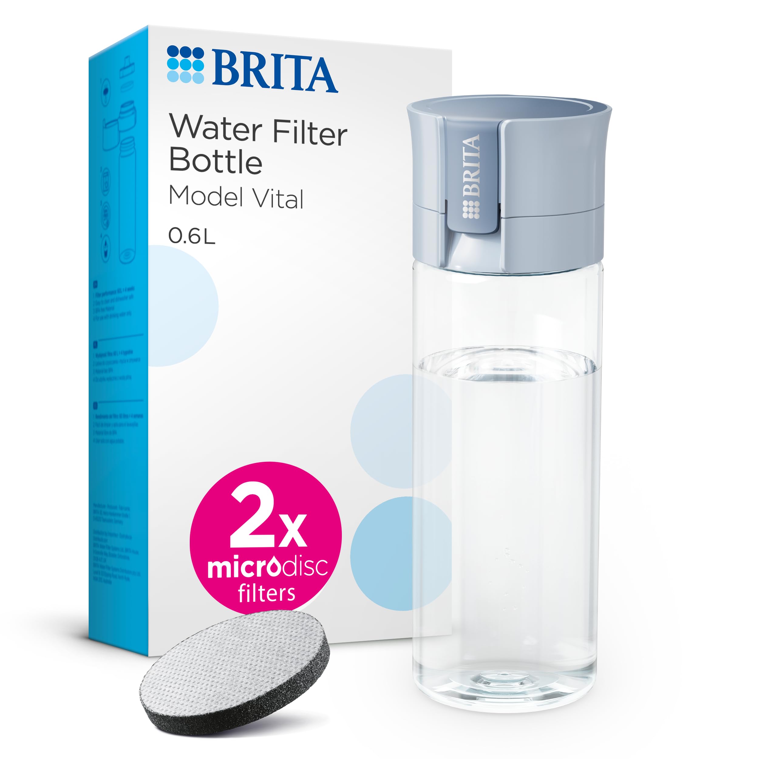 BRITA Model Vital Water Filter Bottle Light Blue (600 ml) Including 2 MicroDisc Filters - Practical Water Bottle with Water Filter for Travel, Filters Chlorine & Bacteria When Drinking/Dishwasher Safe