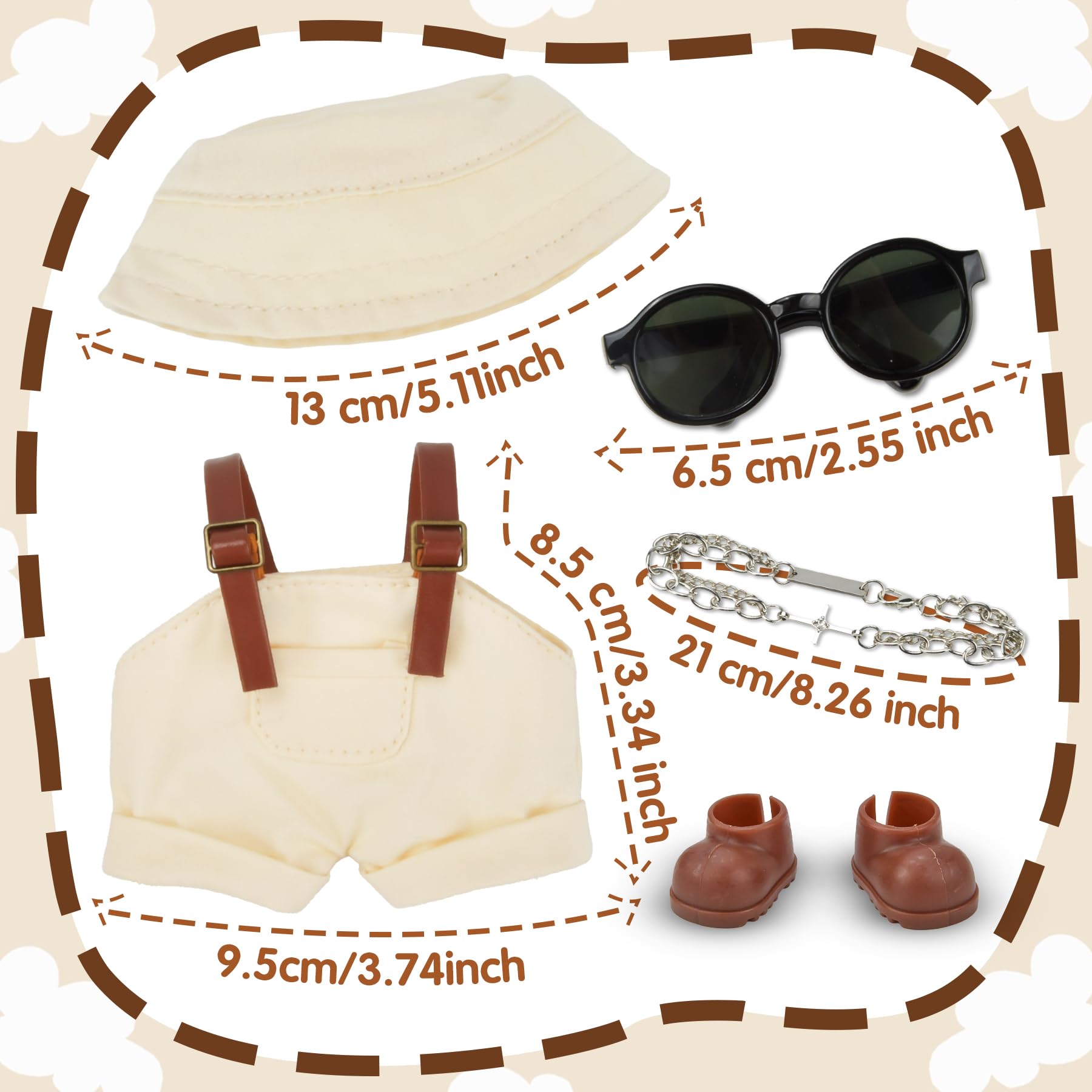White Doll Clothes Set for 17cm Dolls Pink Push Toy Outfit Accessories with Romper,Bucket Hat, Shoes, Cross Necklace - Image 2