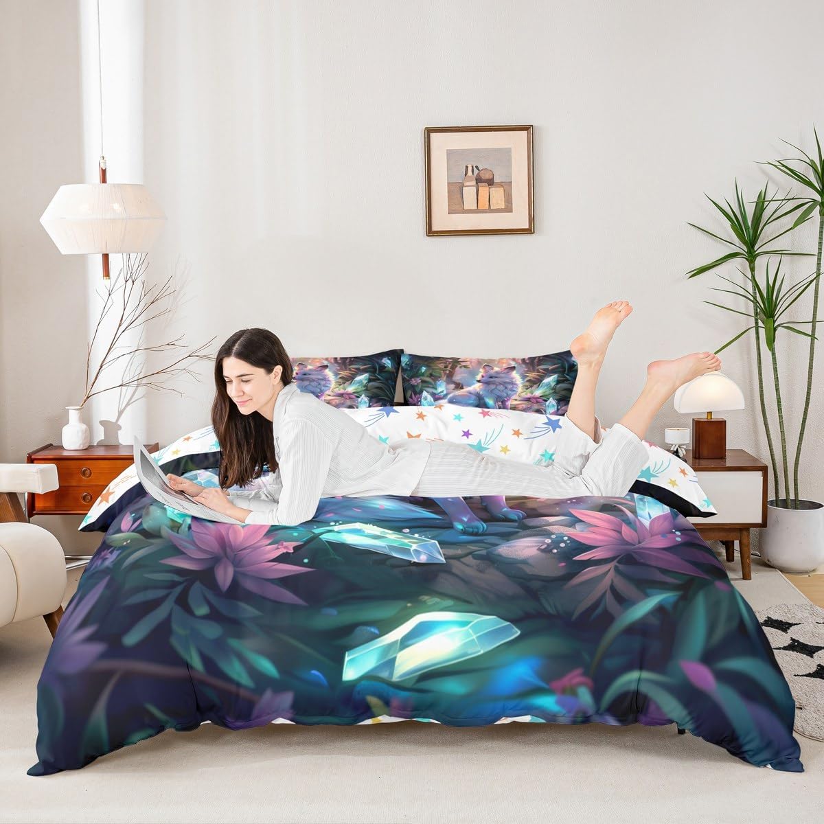 Manfei Woodland Fox Duvet Cover Set Full Size,Animal Flower Plant Kids Bedding Set,Glitter Dreamy Mysterious Room Decor,Teal Pink Quilt Cover,2 Pillowcases(No Comforter)