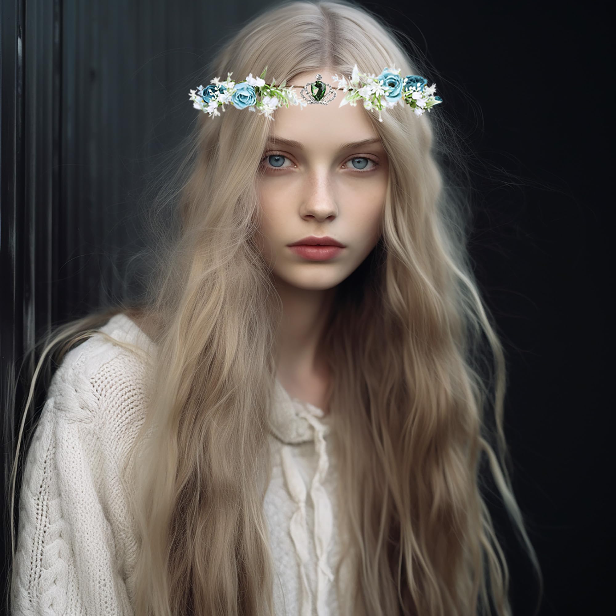 Brikuinr Floral Crown Wreath Girl Flower Headbands Hair Wreath Flower Halo Headpiece with Rhinestone Wedding Party Cosplay - Image 2