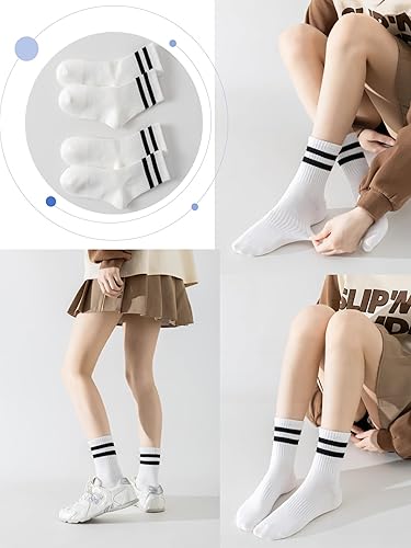 Miniatura 2 de YUWELL Calcetines crew a rayas para mujer, calcetines casuales de algodón cómodos para mujer, 4 pares, talla 5-10