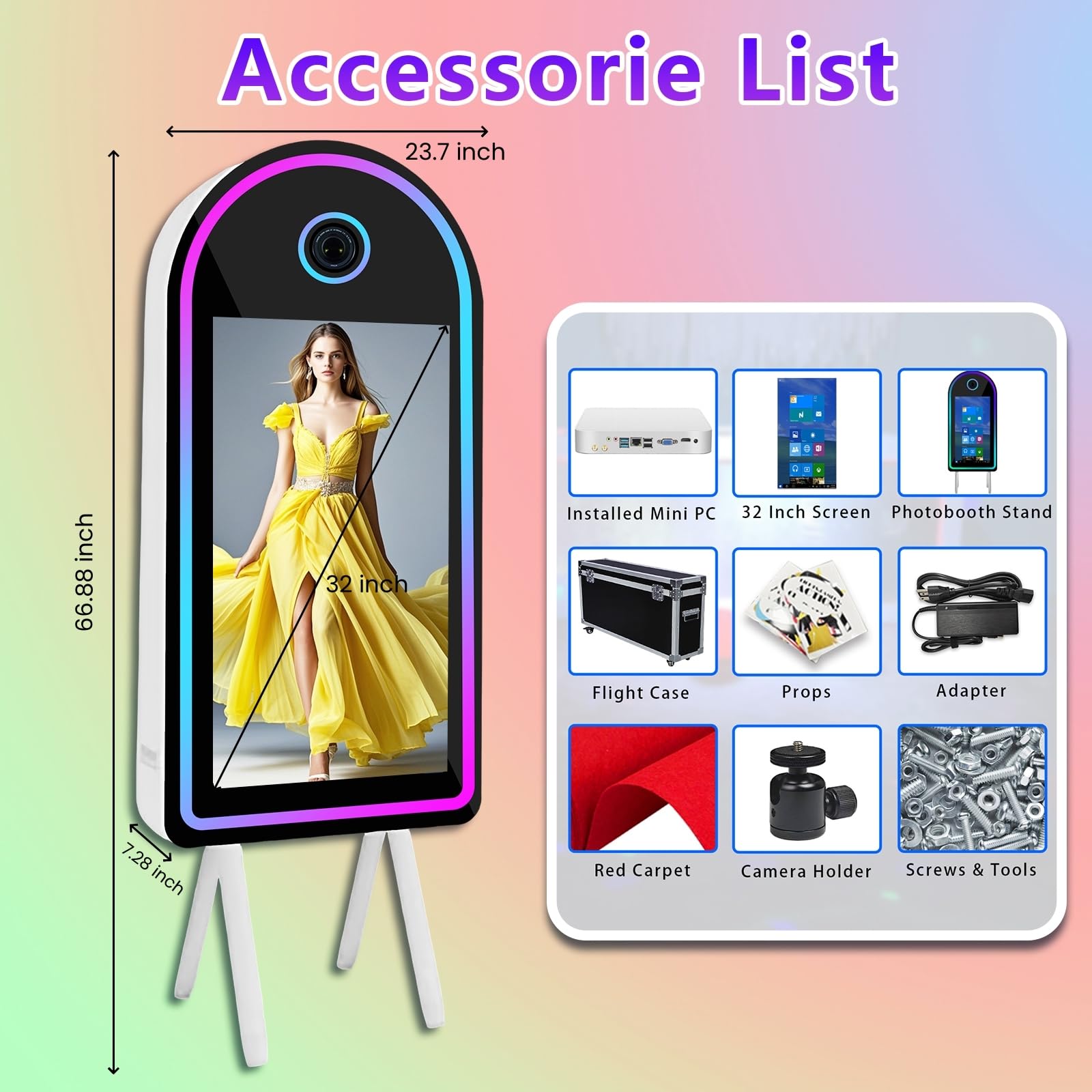 Magic Mirror Fotobudka ze światłem RGB (łukowy ekran dotykowy 32 cale, urządzenie do fotobudki)