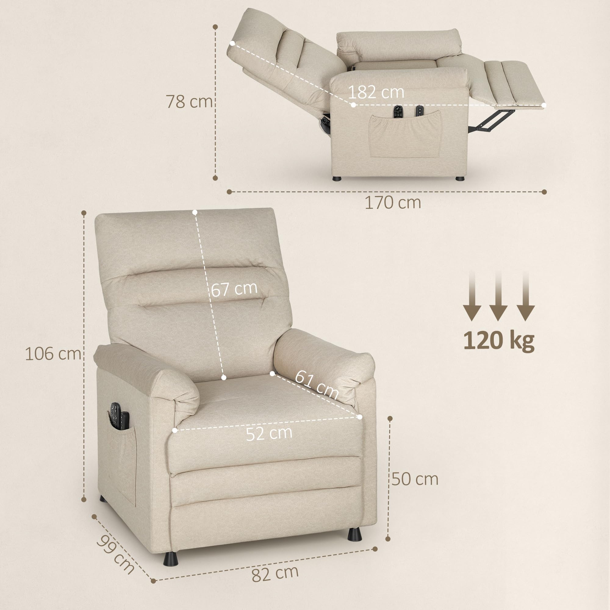 HOMCOM Sillón Relax Reclinable Eléctrico, con Calor Lumbar y Masaje Vibración, Sillón Masaje Relax, Motor Silencioso, Función de Memoria, Bolsillos, Control Remoto con USB, Tejido Pet-Friendly, Beige