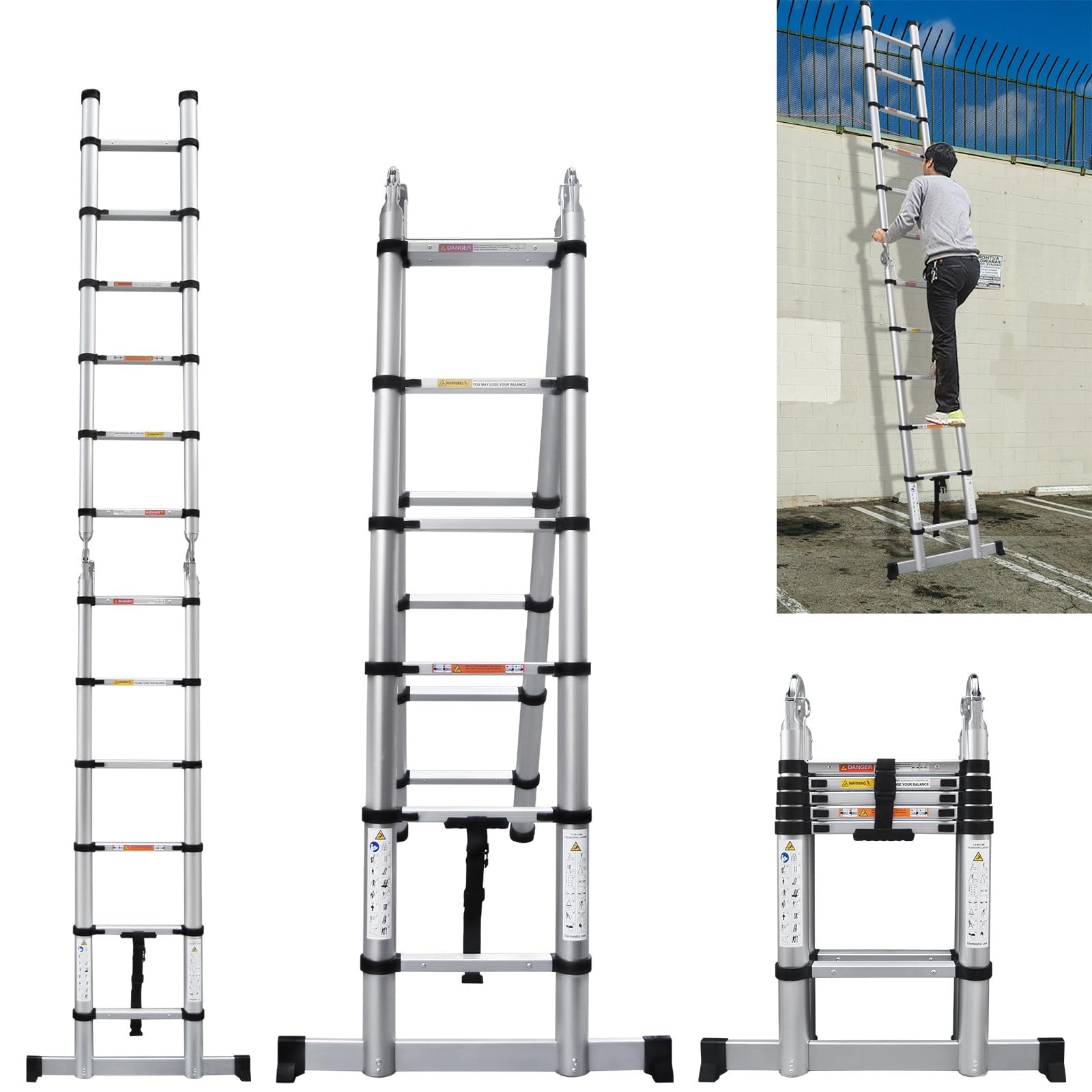 3.8M Telescopic Ladder 12.5FT Multi-Purpose Aluminium Extension With Stabiliser - Extendable Portable Sturdy Loft, Straight or A-Frame, 6+6 Steps, Max Load 150kg