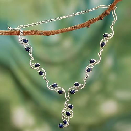 Miniatura 3 de NOVICA Collar artesanal hecho a mano de lapislázuli en Y de plata esterlina con piedra de nacimiento de estanque reflectante azul de la India 18.25