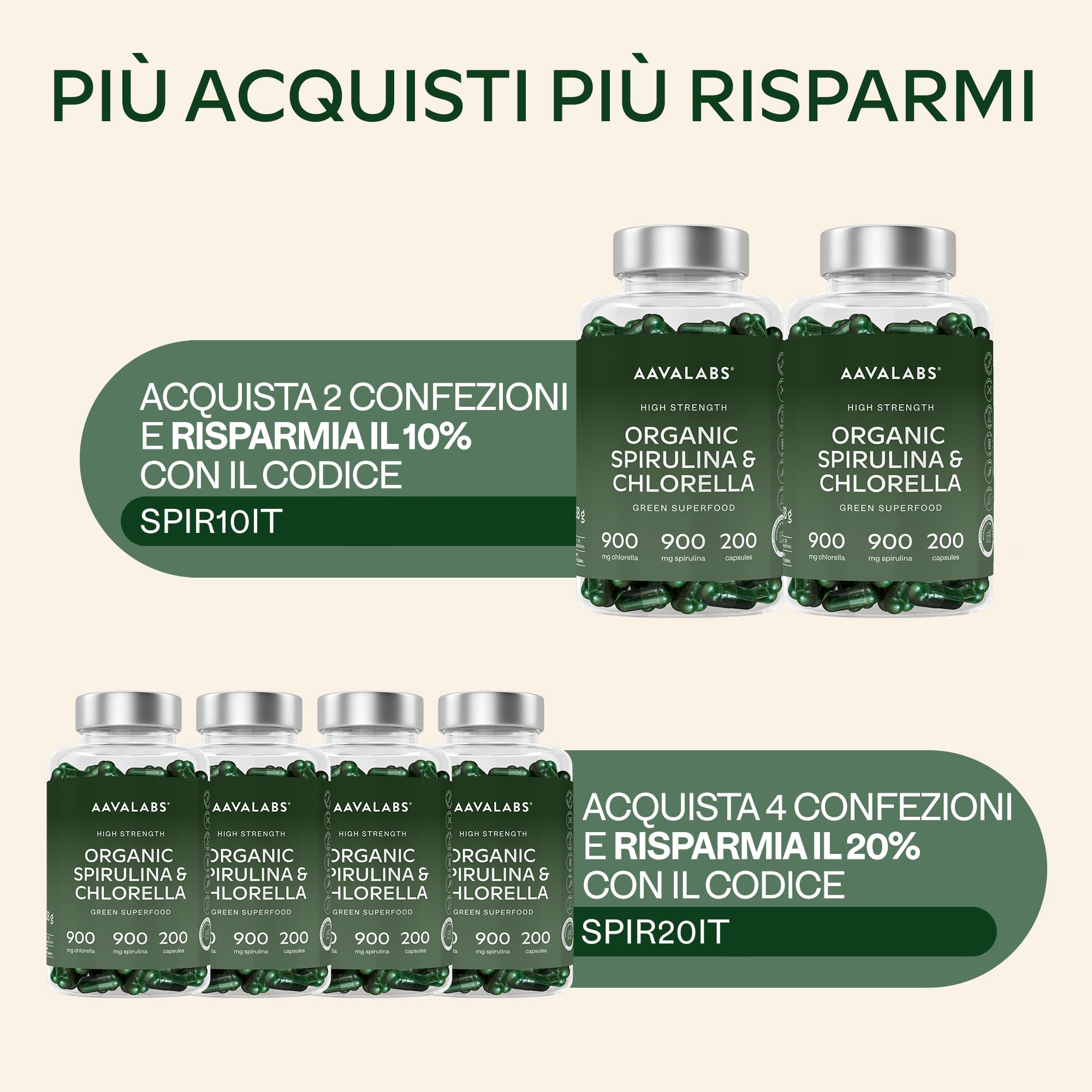 Spirulina & Chlorella Bio [1800 mg] AAVALABS - Alga Spirulina Bio Compresse - Clorella e Spirulina Polvere da Alghe Naturali di Alta Qualità con Fitonutrienti - Ideale per Frullati - 200 Capsule Vegan
