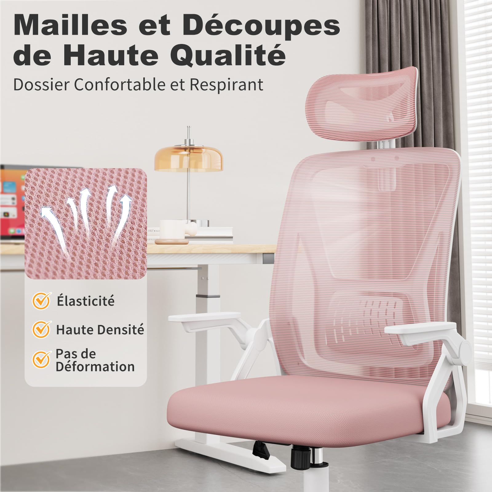 naspaluro Chaise de Bureau Ergonomique avec Accoudoirs Rabattables à 90° (avec Appui-tête, Rose)