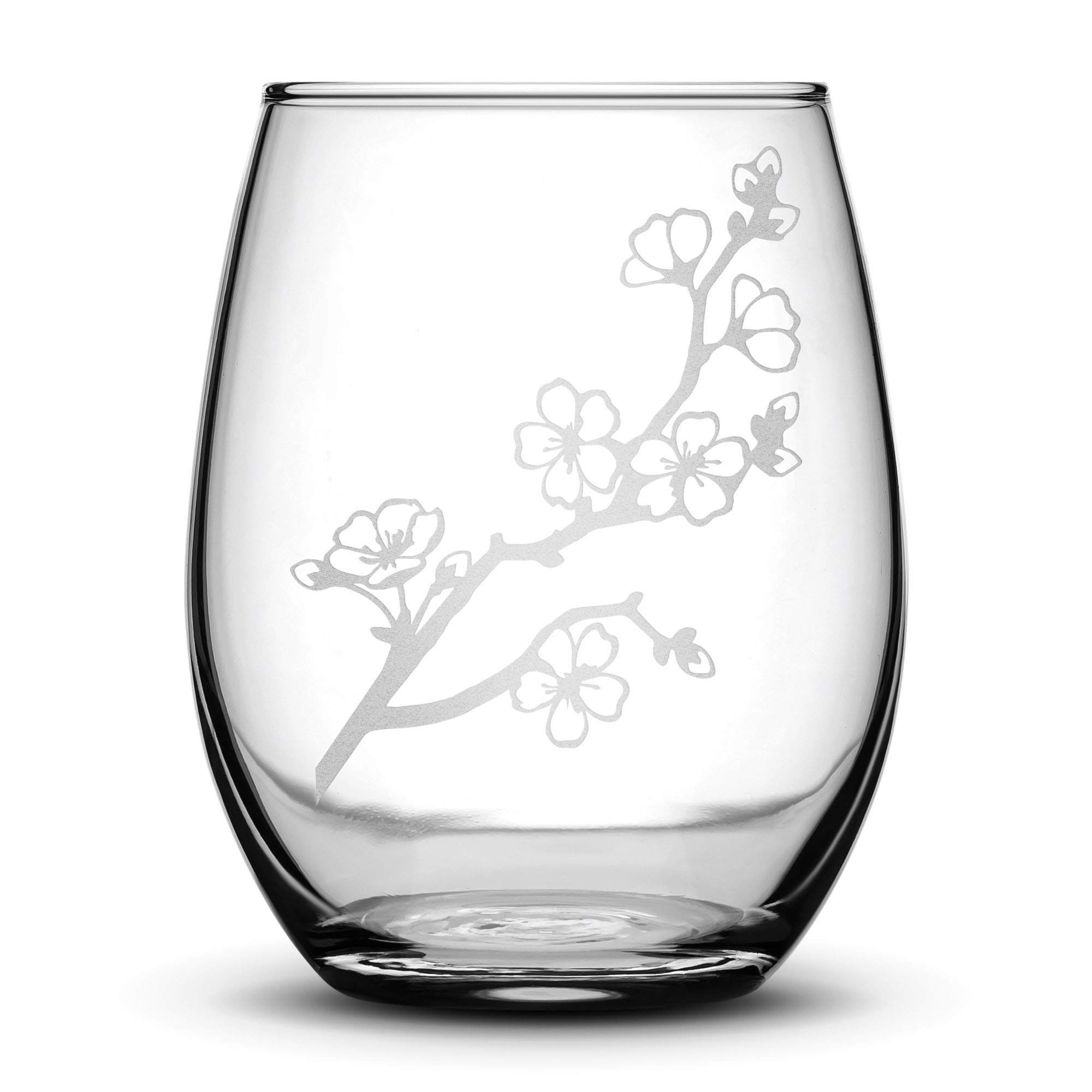 Integrity BottlesCherry Blossom Design Stemless Wine Glass, Handmade, Handblown, Hand Etched Gifts, Sand Carved, 16oz