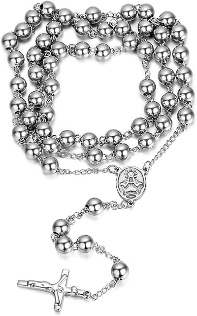 JewelryWe New Gold Stainless Steel Rosary Beads Necklace with Crucifix Cross Pendant 36.6 Inch Chain, 8mm Beads