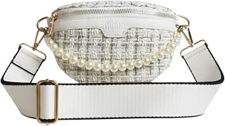 Elegant Tweed Mini Messenger Bag with Pearl Keychain Ornament, Small Crossbody Belt Bag, Trendy Fashion Shoulder Purse