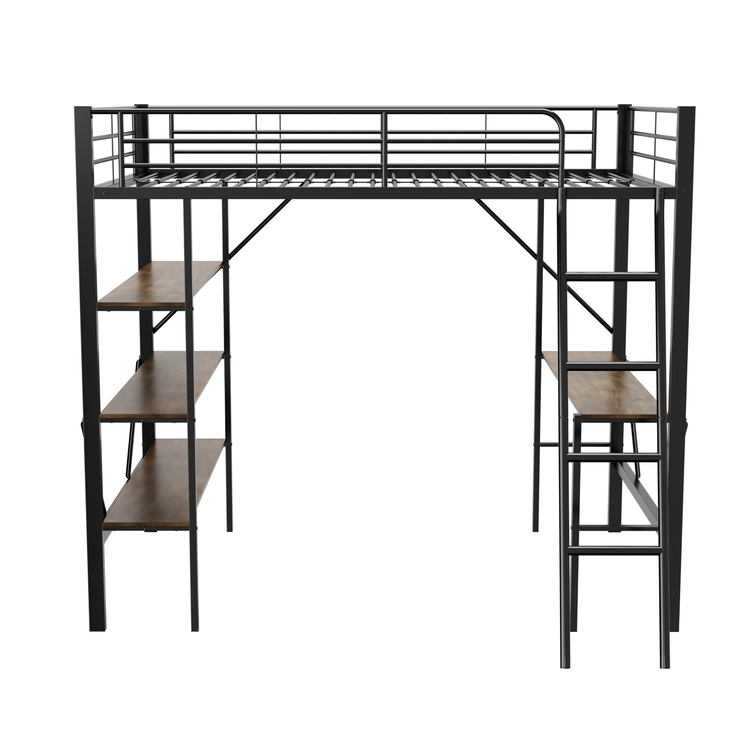 Łóżko piętrowe 90 x 200 cm, metalowa rama łóżka, łóżko żelazne, łóżko piętrowe z biurkiem i 3 dużymi półkami dla dzieci, młodzieży i dorosłych, czarne (czarne)