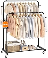 Laiensia Double Rod Garment Rack with Wheels, 4 Hooks & Bottom Shelf - Mobile Clothing Organizer for Bedroom & Laundry Room, Black