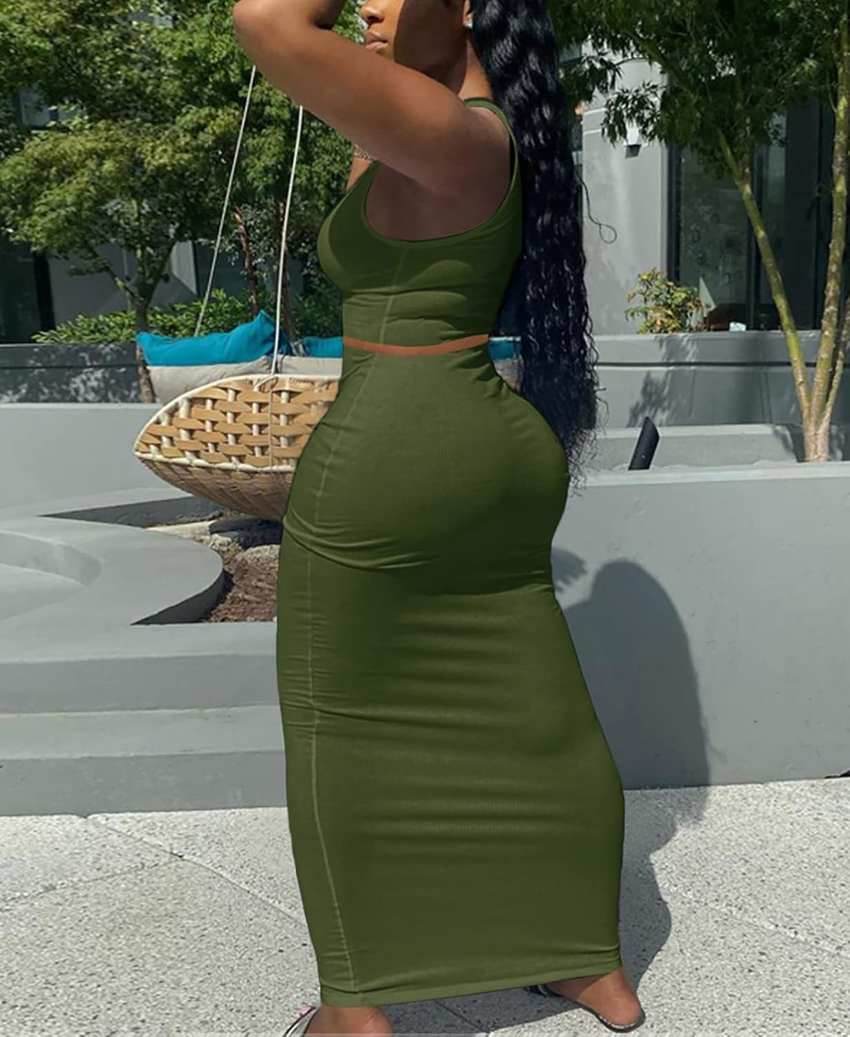 Womens Sexy Summer Scoop Neck Ribbed 2 Piece Outfits Dress Crop Tank Top Maxi Long Skirt Set Beach Party Dress - Image 2