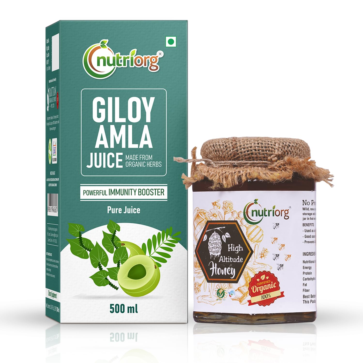 Nutriorg Giloy Amla Juice 500 Ml with Certified Organic High Altitude Honey 250g (Combo of 2)