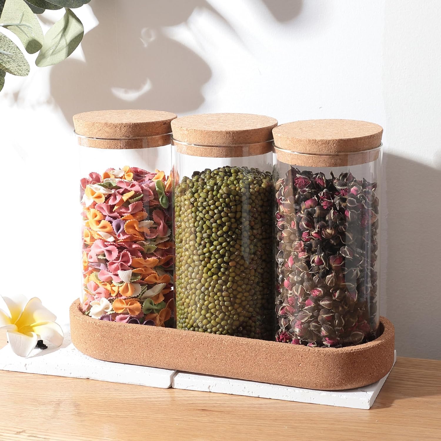 Kuber Industries Borosilicate Glass Kitchen Jars with Cork Lid and Cork Tray, Set of 3 Kitchen Storage Canisters, 700ml, Airtight Glass Containers with Lid, Multipurpose
