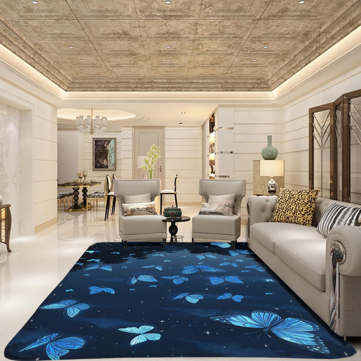 Area Rug, Blue Butterfly Non-Slip mat Area Rugs, Carpets, Suitable for Kitchen Bedroom Living Room Kids Room Decoration, Farmhouse Decor 2'x3'