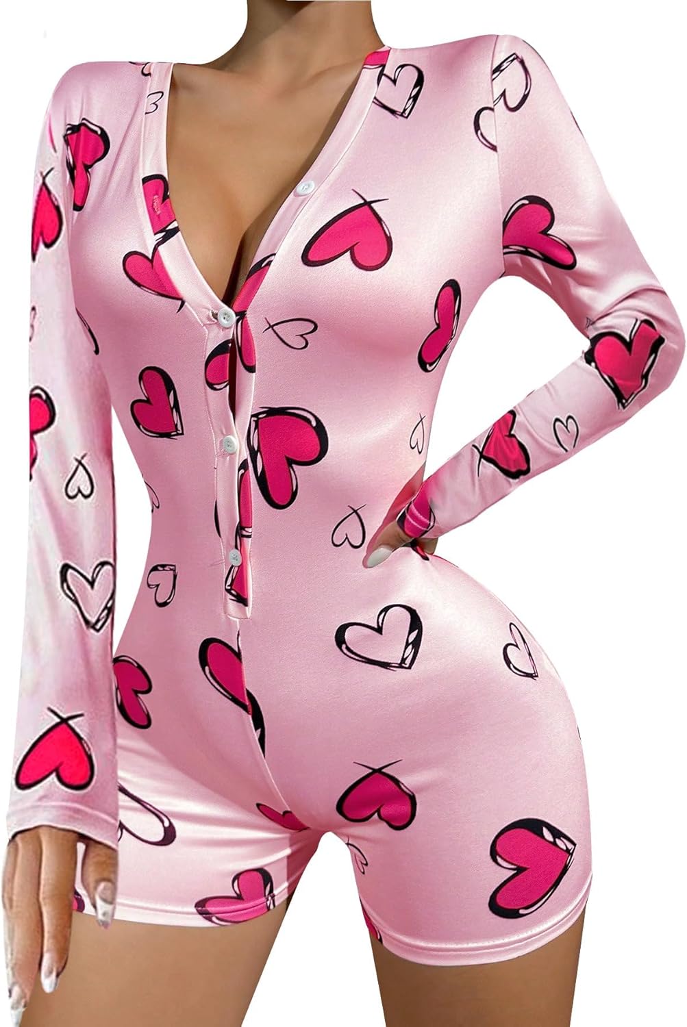 WDIRARA Women's Cow Graphic Print Romper Pajama V Neck Long Sleeve Button Front Sexy Onesie