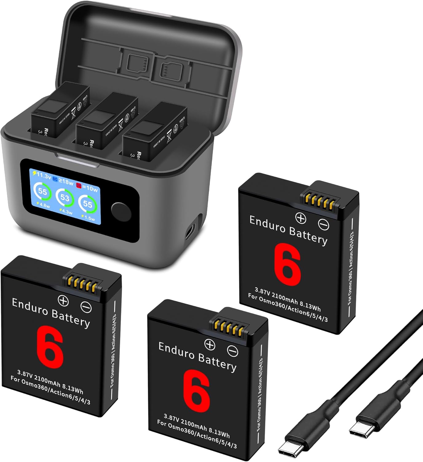 3-Pack Action 6 Battery for DJI Osmo 360, Action 5 Pro/4/3 Charger Kit with 3-Channel 27W Fast Bi-Directional Charger Hub, Compatible for DJI Osmo Action 5 Pro, Action 4, Action 3 and USB-C Cable