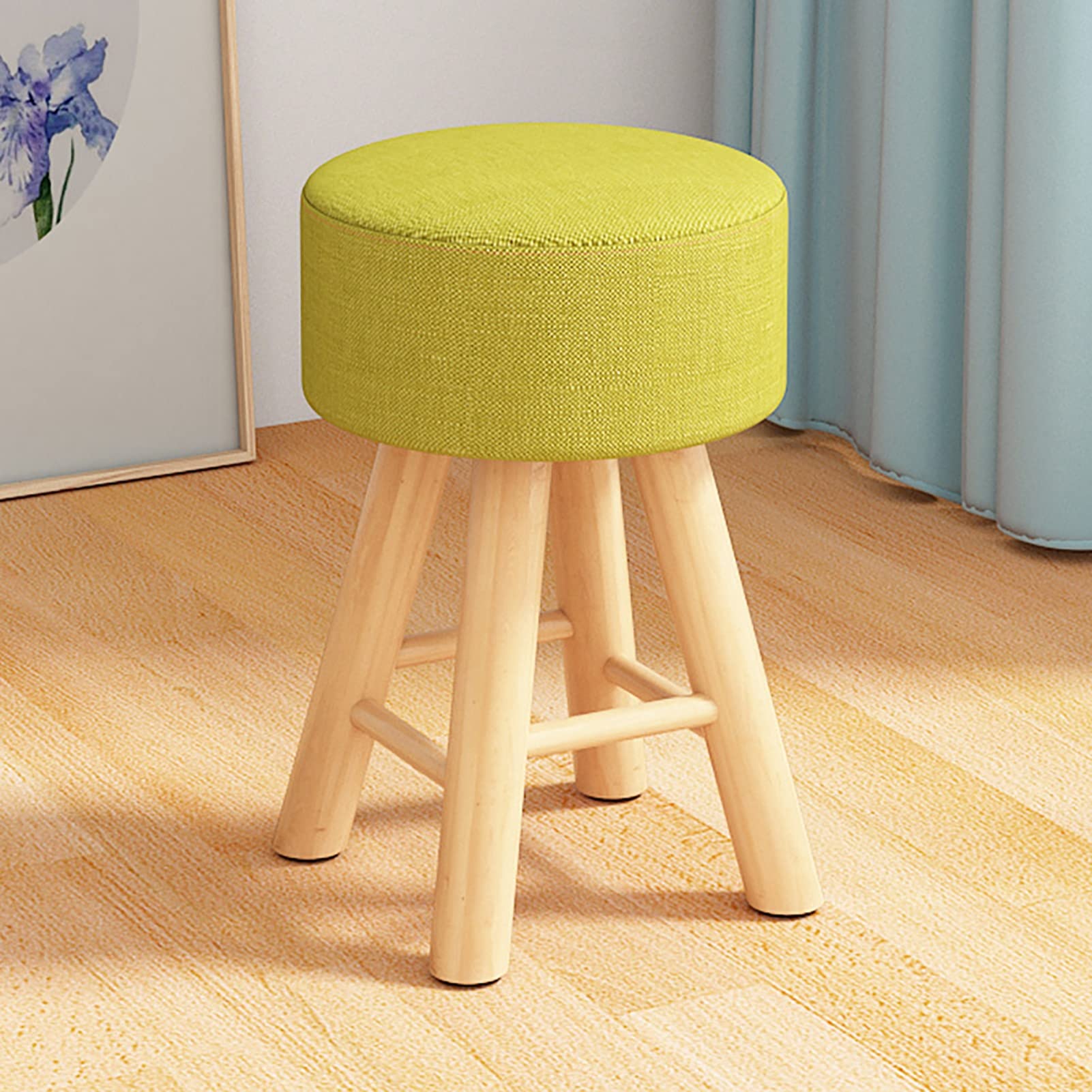 Tabouret repose-pieds rond jaune 42 cm en tissu de lin et bois