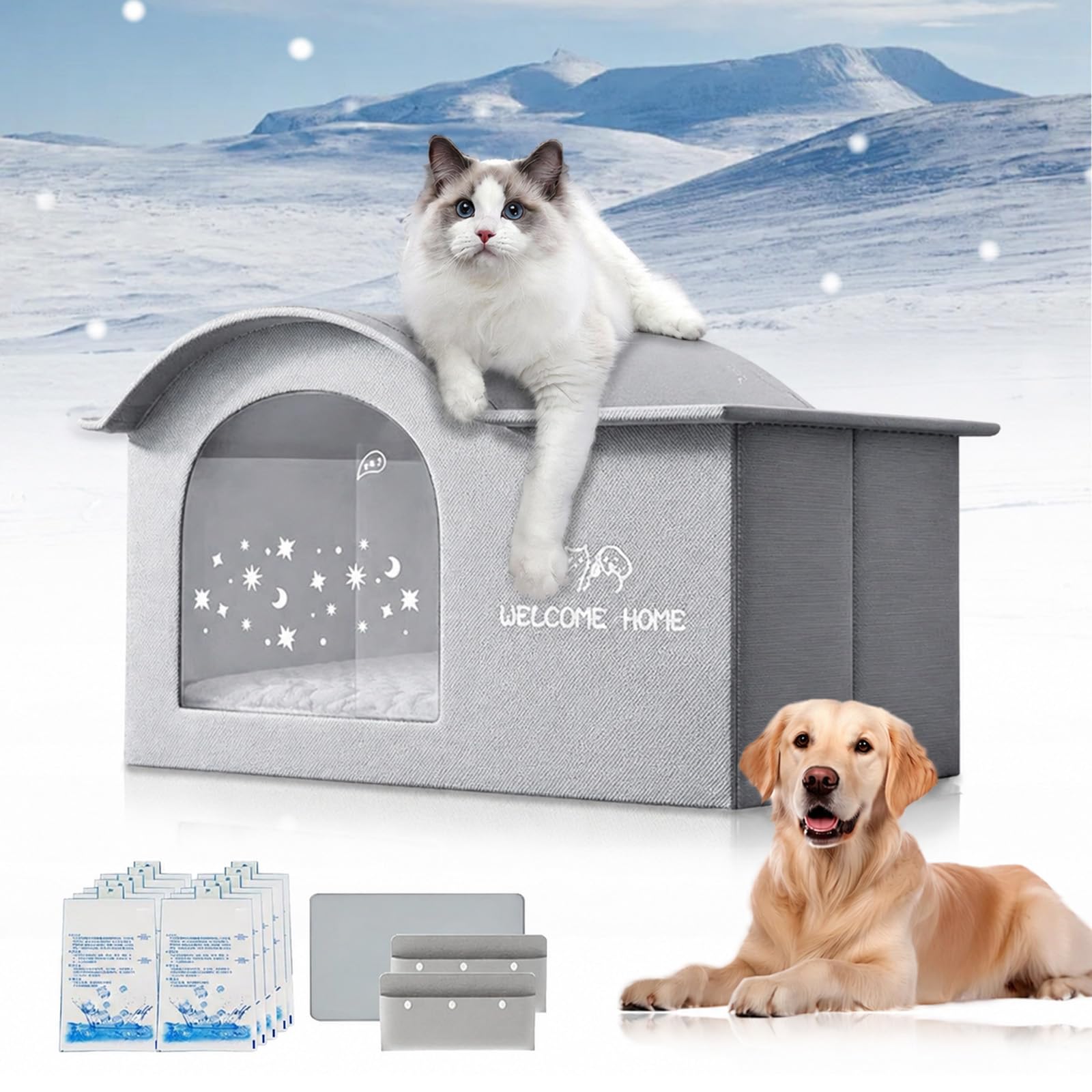 Kühlhaus für Haustiere mit Kühlakkus, faltbares Katzenhaus Sommer, belüftete Kühlhütte für Katzen kleine Hunde, Outdoor Indoor für Balkon Garten (B,M)