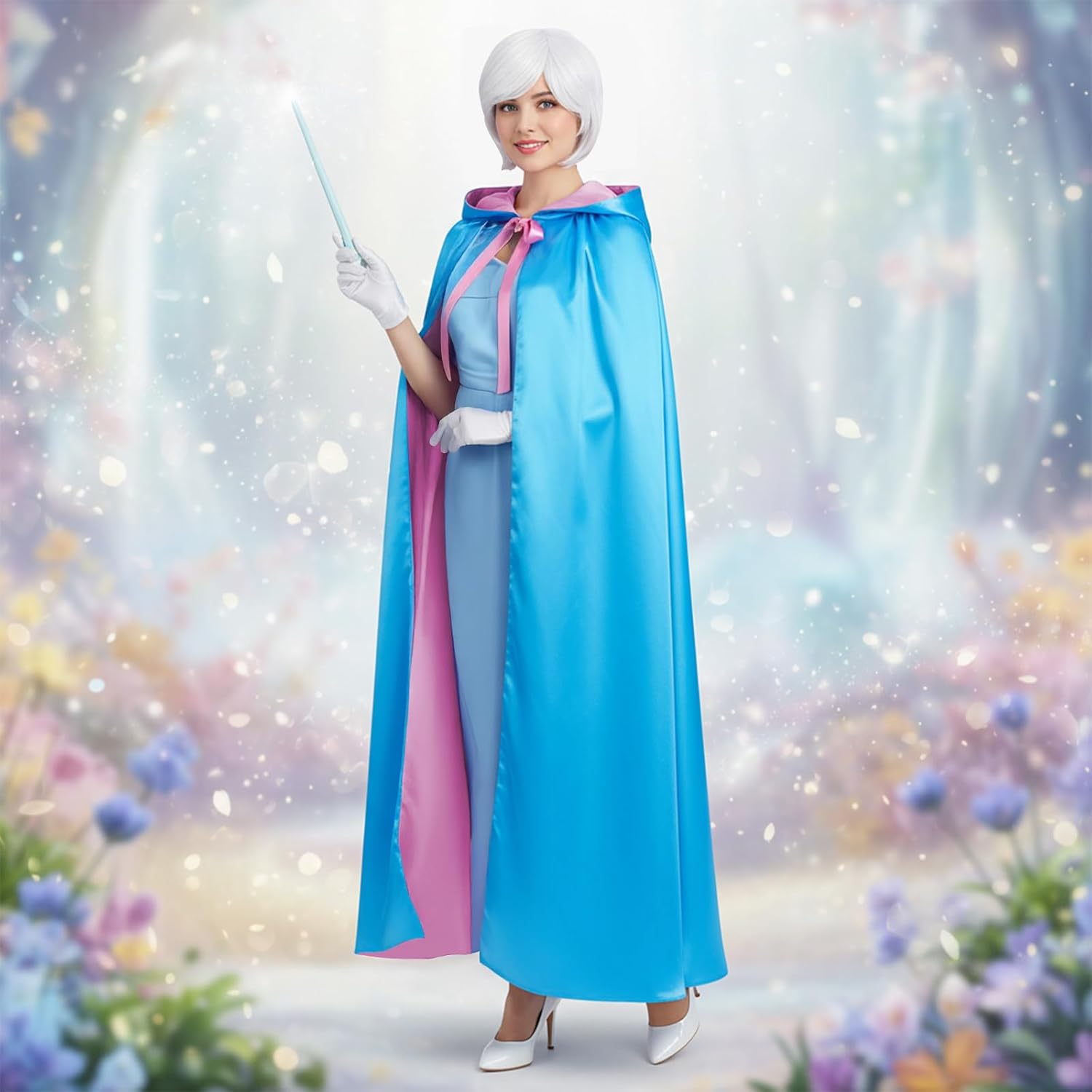 4 Pcs Adult Fairy Princess Costume with Blue Hooded Cloak Wig Lighted Magic Wand Gloves Winter Wonderland Cosplay