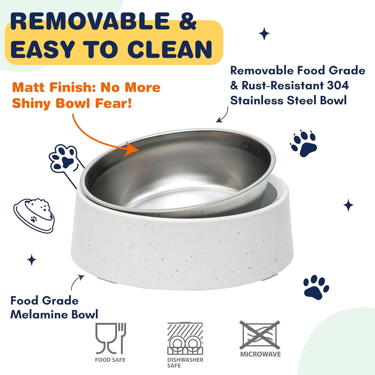 Bzyoo Pet Bowl for Small Dogs & Cats, Stylish Sprinkle Design, Elevated, (White w/Scoop, 4 Cups w/Scoop)