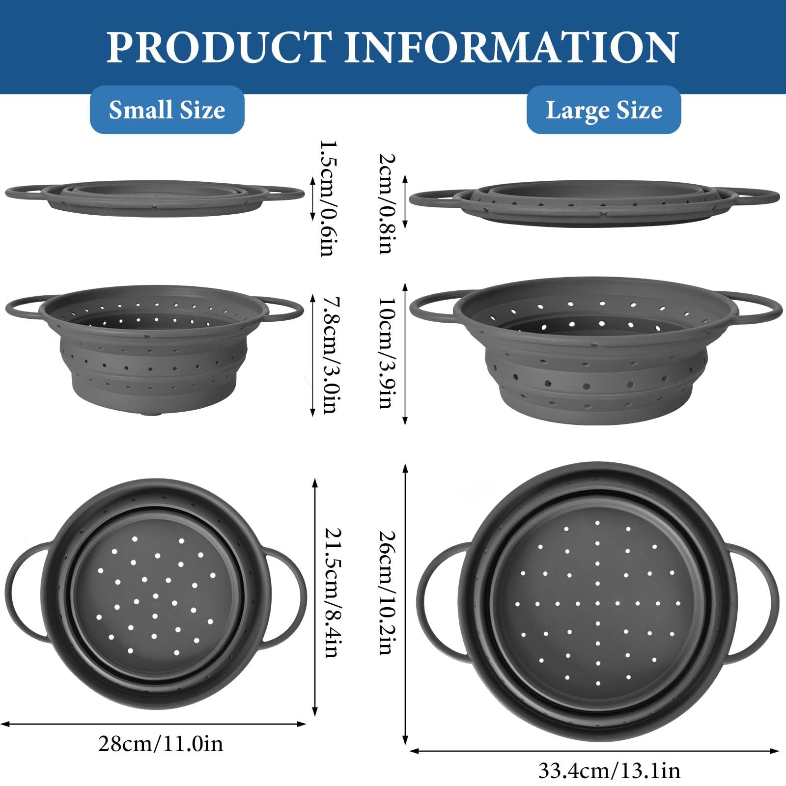 3 Pz Scolapasta Pieghevole da Cucina, Set di Colini Pieghevoli, Filtro Cestino Cucina con Manico, Cestino di Scolatura in Plastica per Scolare e Sciacquare Alimenti Frutta e Verdura