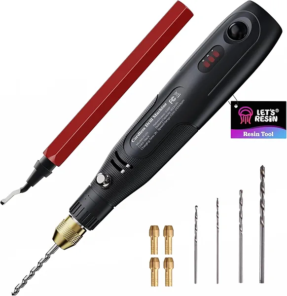 LET'S RESIN Cordless Drill, 19Pcs Electric Resin Jewelry Drill, 3-Speed Rechargeable Small Drill with Deburring Tool, Hand Drill for Resin Jewelry Making, Keychain Making, Multi-Purpose Resin Tools