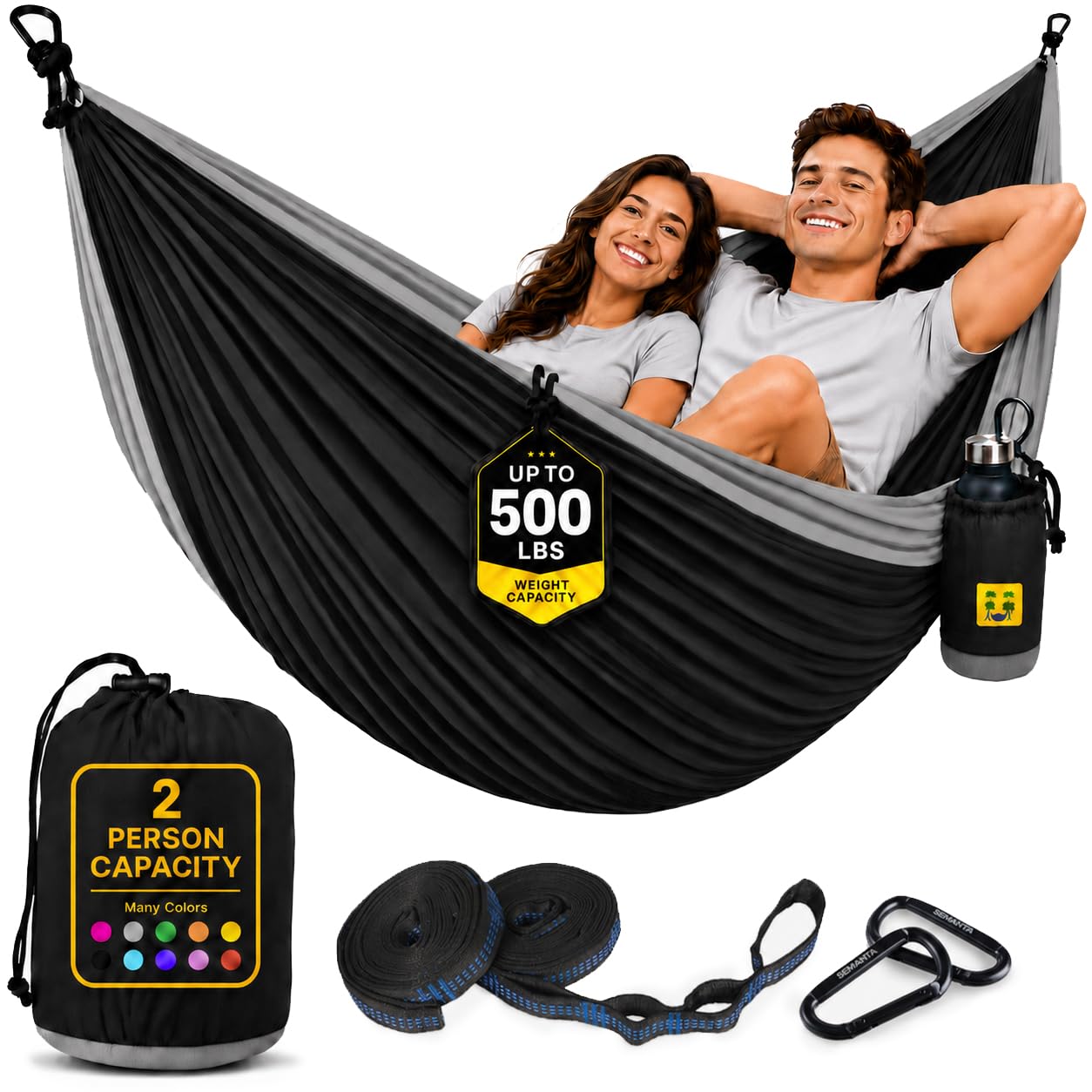 Durable Hammock 500 lb Capacity, Nylon Camping Hammock Chair - Double or Single Sizes w/Tree Straps and Attached Carry Bag - Portable for Travel/Backpacking/Beach/Backyard (Large, Black &amp; Light Grey)